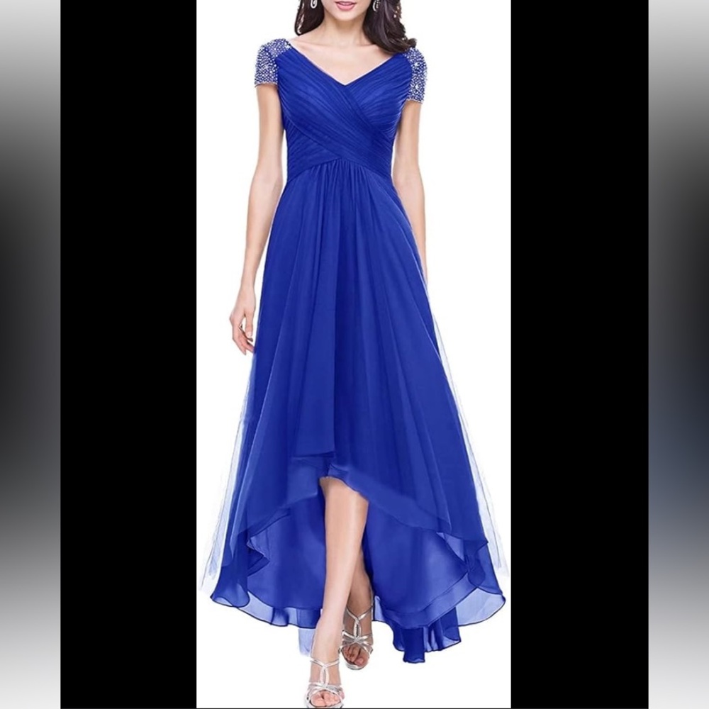 🌹JJ’S House woman’s evening tulle asymmetrical flowy cobalt blue high-low dress